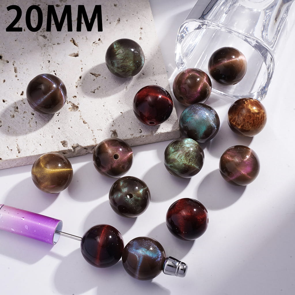 Acrylic Beads for Bracelets with Cat Eye Style and Glitter in Various Colors, 20MM