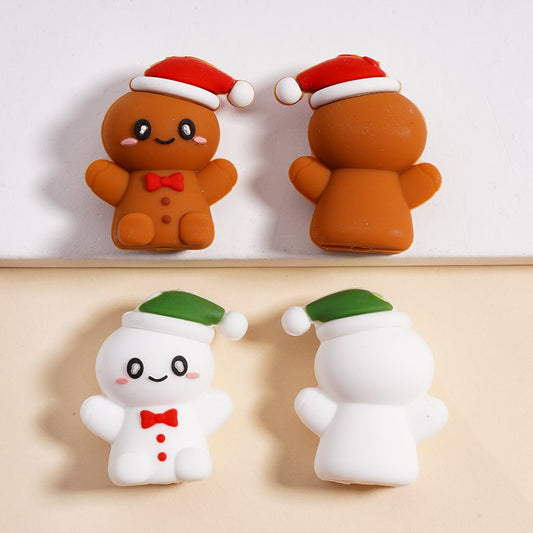 Silicone Focal Beads 3D Cute Ginger Bread with Christmas Hat Bowtie White & Brown