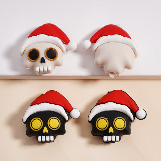 Silicone Focal Beads 3D Horror Skeleton Skull Head with Red Christmas Hat Light Gray & Black