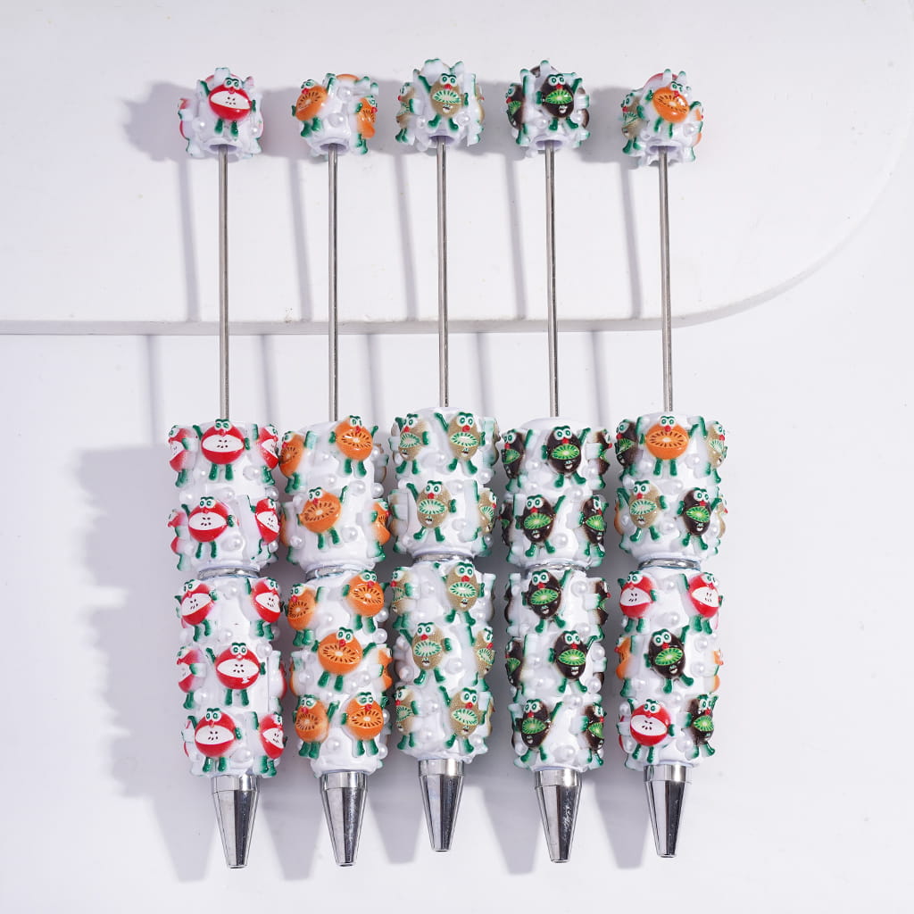 Beadable Clay Pens with Cute Fruit Characters in Various Types and White Pearls
