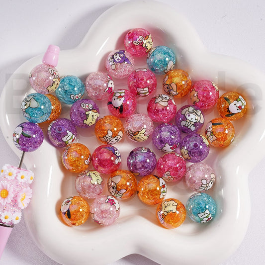 Acrylic Crackle Beads UV Coating  Cute Sanri Family Hello Kitt Pop Pom Puri Pochacc Kurom My Melod Prints  Dark Color 16MM