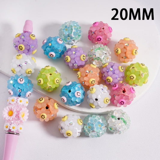 Clay Beads Cute Frosted Matte Smile Face & Clear Flowers AB Rhinestones Multi-Color 20MM, Random Mix