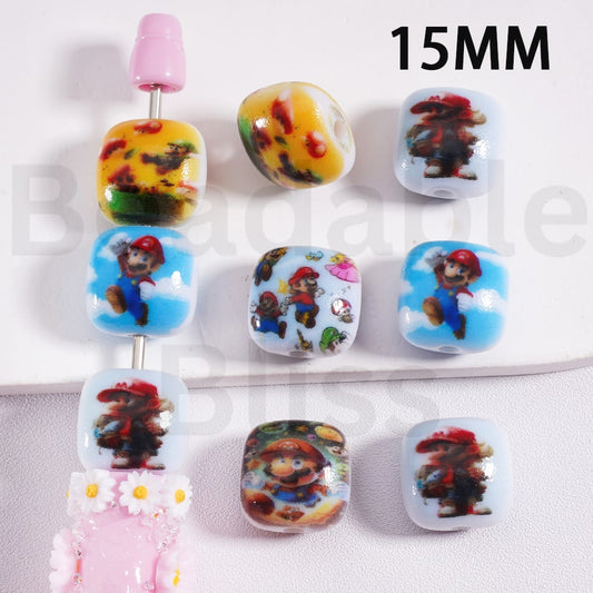 Flat Cube Square Acrylic Beads Cute Super Mari Series 15MM, Random Mix
