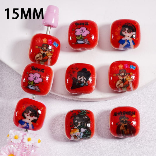 Flat Cube Square Acrylic Beads Chinese Style Wishing You Prosperity Series 15MM, Random Mix