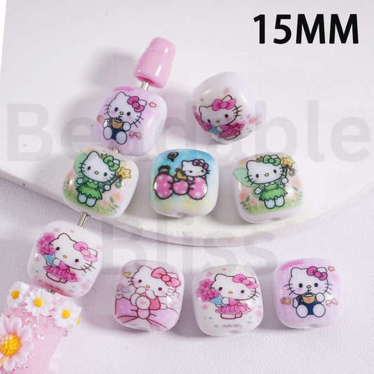 Flat Cube Square Acrylic Beads Hello Kitt Series 15MM, Random Mix