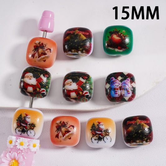 Flat Cube Square Acrylic Beads Christmas Series 15MM, Random Mix