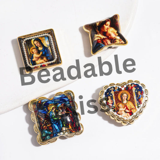 Christianity Theme Jesus and Mary Acrylic Beads and Pendants, Gold Border, Random Mix