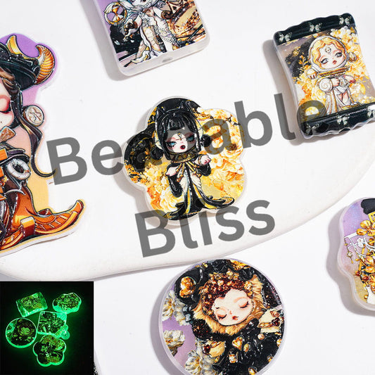 Acrylic Beads and Pendants Luminous Gothic Style Girl Doll Series, Yellow Style, Random Mix