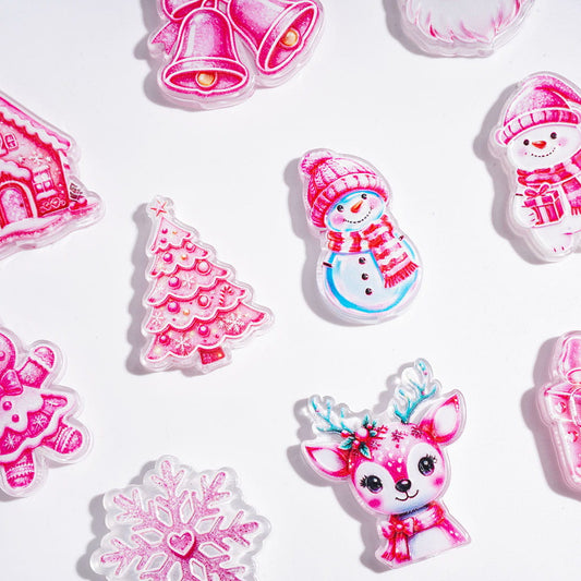 Christmas Pink Series Acrylic Beads, Snowflake Tree Bell Snowman Deer House Gift Box Gingerbread Man, Random Mix