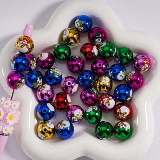 Acrylic Beads Christmas Cute Snowman Prints Metallic Colors 16MM, Random Mix