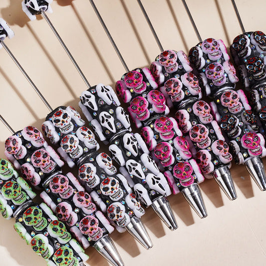 Beadable Clay Pens with Skull Skeleton Heads and AB Rhinestones, Multi-Color Random Mix