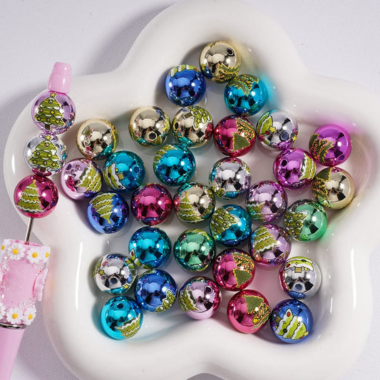 Acrylic Beads Christmas Tree Prints Metallic Colors 16MM, Random Mix