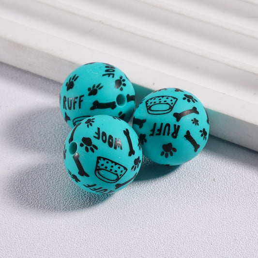 Printed Silicone Round Beads with Black Pet  Paw Bone Woof Ruff Prints, Teal 15MM