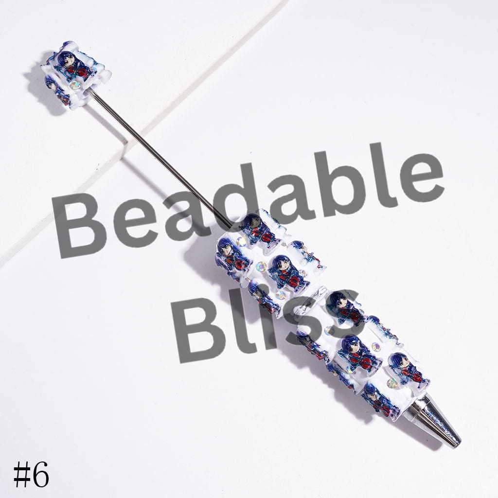 Beadable Clay Pens with American Transnatural Horror Comedy Characters Series, AB Rhinestones, Blue Style