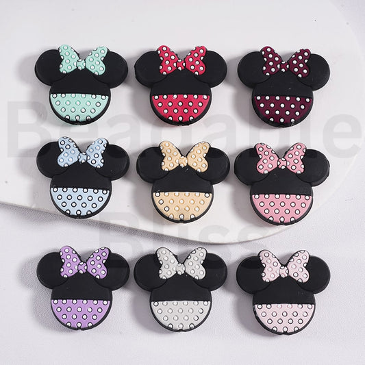 Silicone Focal Beads Cute Minni Mouse Head with Bowknots Multi-Color, Random Mix