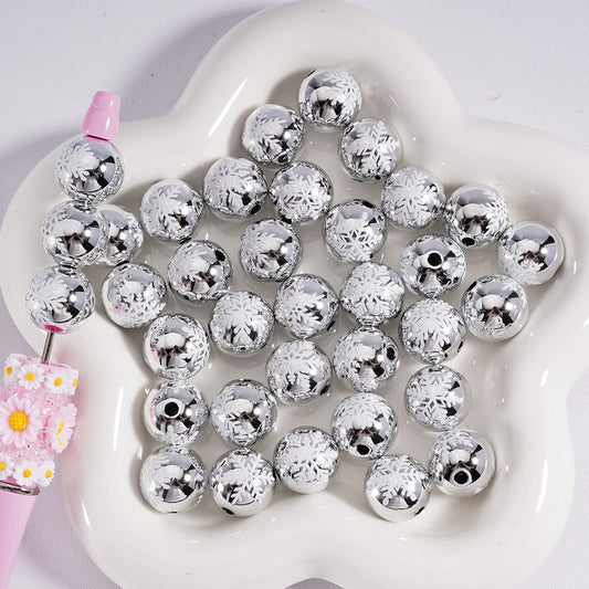 Acrylic Beads Christmas Snowflakes Prints Metallic White Colors 16MM