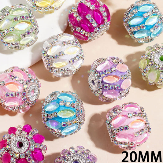 Hand-Made Acrylic Beads with Marquise Cut Rhinestones, Sliver Metal and AB Rhinestone Chains, 20MM Multi-Color