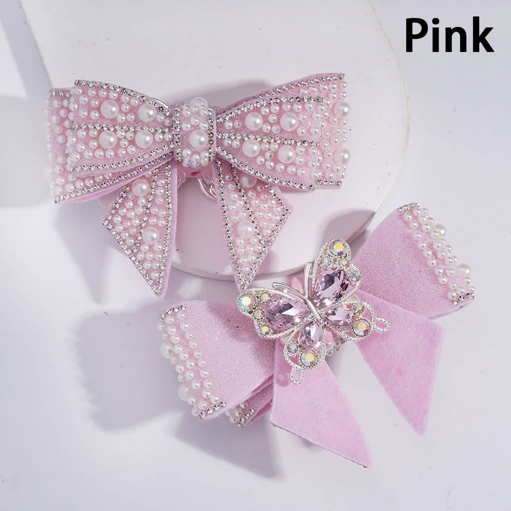 Clay Beads w Alloy Rhinestones Butterfly, Fabric Bowknot w White Pearls Clear Rhinestones Iridescent Bubble Balls Wrap Tape, 65*103MM, Multi-Color