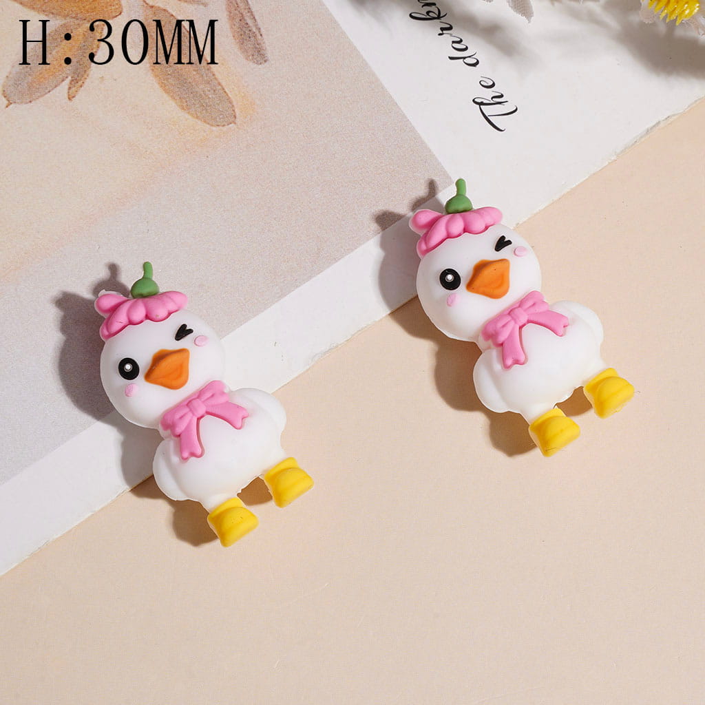 Silicone Focal Beads 3D Duck Wearing Pink Scarf and Yellow Shoes, Height 30MM