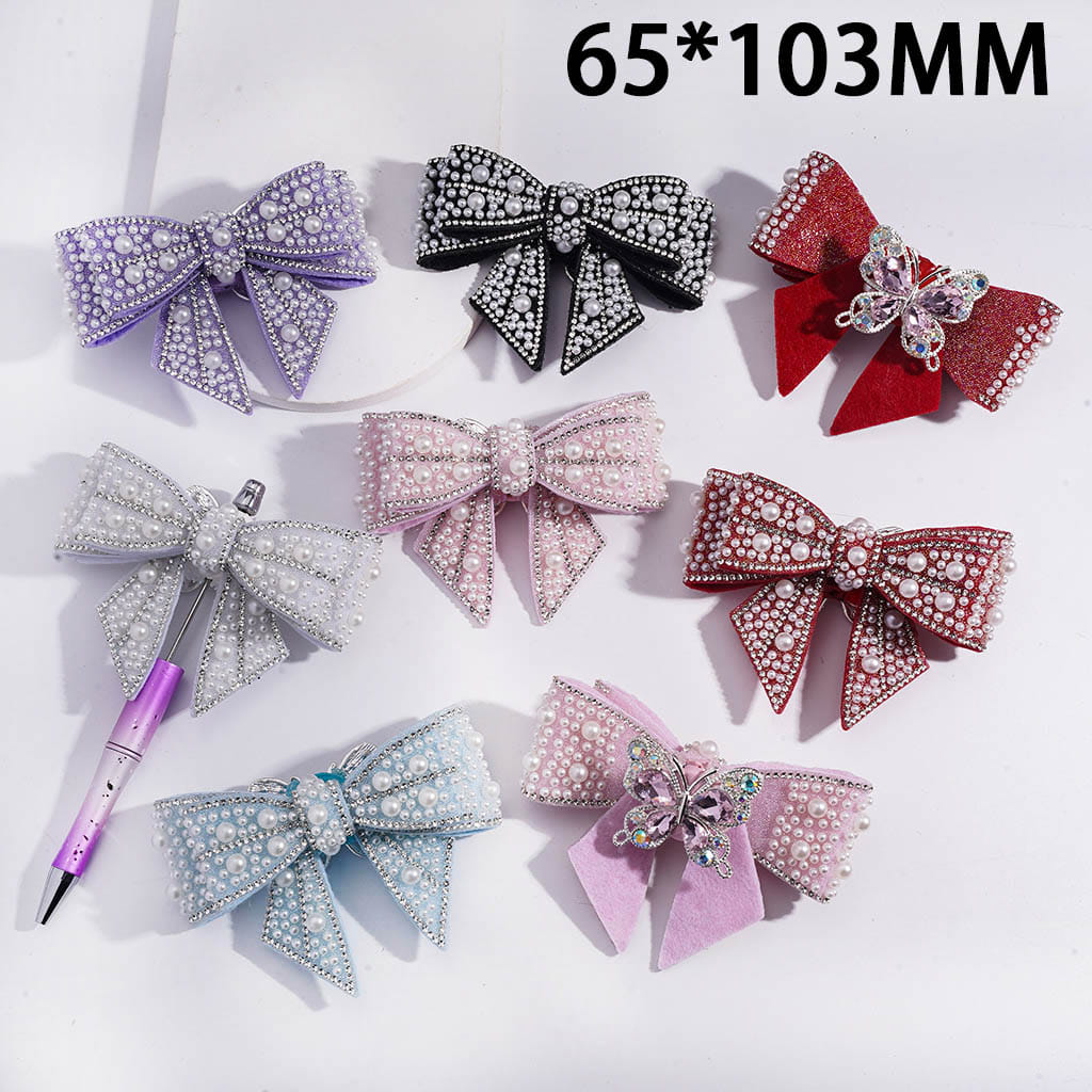 Clay Beads w Alloy Rhinestones Butterfly, Fabric Bowknot w White Pearls Clear Rhinestones Iridescent Bubble Balls Wrap Tape, 65*103MM, Multi-Color