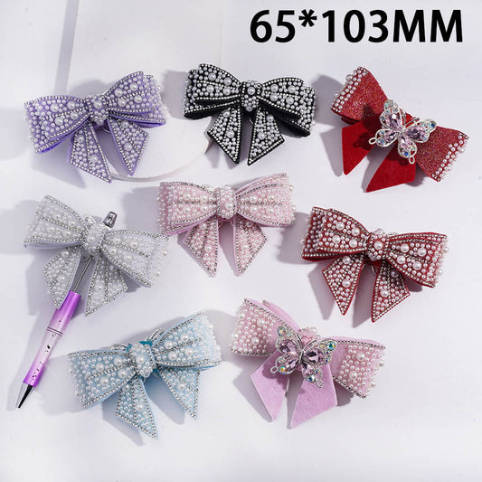 Clay Beads w Alloy Rhinestones Butterfly, Fabric Bowknot w White Pearls Clear Rhinestones Iridescent Bubble Balls Wrap Tape, 65*103MM, Multi-Color