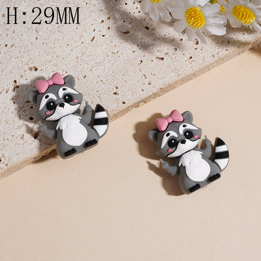 3D Raccoon with Pink Bow and Humor Gesture Silicone Focal Beads Height 29MM