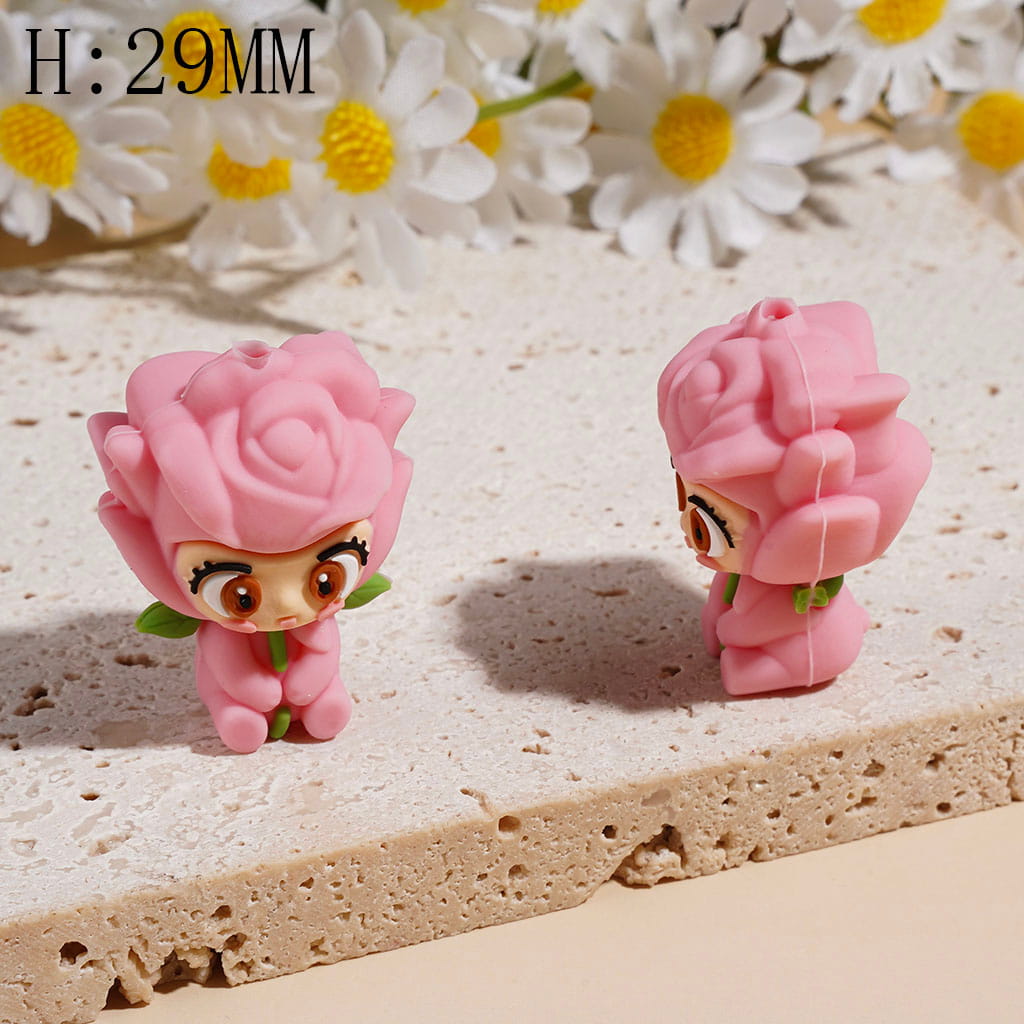 Silicone Focal Beads 3D Rose Flower Shaped Girl with Green Leaf Wings, Height 29MM