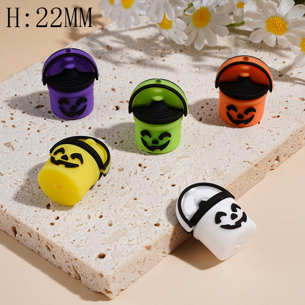 3D Bucket with Halloween Horror Facial Expression Silicone Focal Beads, Height 22MM Multi-Color