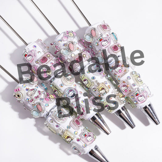 Cute Cat Character Series Beadable Clay Pens, AB Rhinestones and Daily Necessities with Glitter