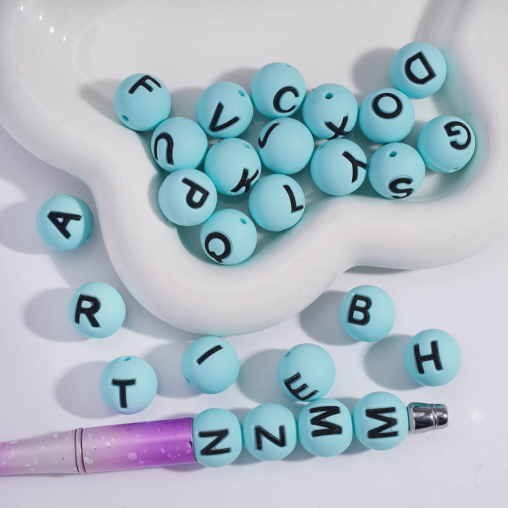 English Letter Round Silicone Beads in Solid Color, 15MM, Random Mix Letters, Please Read the Description