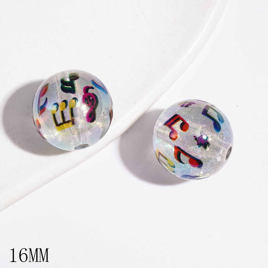 16MM - Clear Acrylic Beads for Bracelets UV Coating with Colorful Music Note and Glitter
