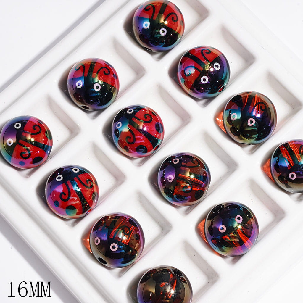 Acrylic Beads for Bracelets UV Finish Ladybug, 16MM, Semi-Clear and Solid Colors