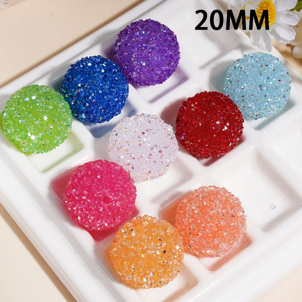 Hand-Made Acrylic Sugar Beads with Cone Shaped AB Rhinestones, 20MM Multi-Color