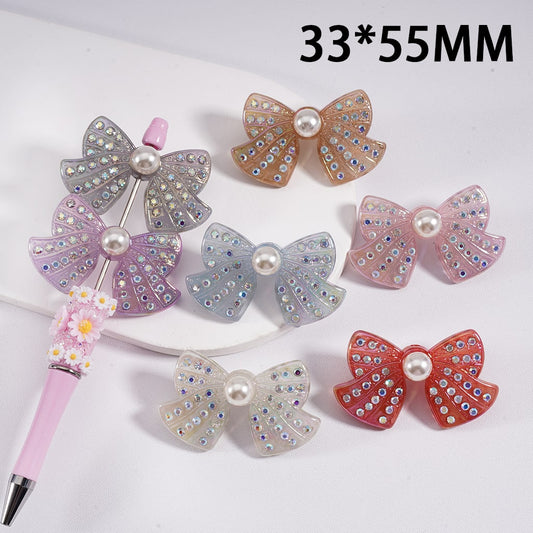 Acrylic Beads UV Coating Cute Bowknot with AB Rhinestones White Pearls 33*55MM, Random Mix