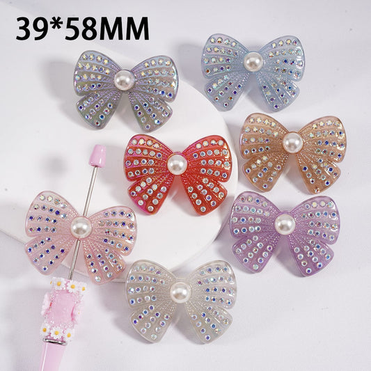 Acrylic Beads UV Coating Cute Bow with AB Rhinestones White Pearls  39*58MM, Random Mix
