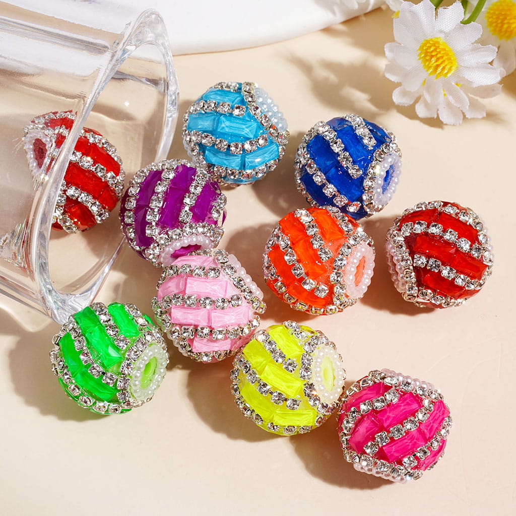 Handcrafted Acrylic Beads with Spiral Style Rectangle and Clear Rhinestone Chains, White Pearl Chains, Around 20MM, Fluorescence Color