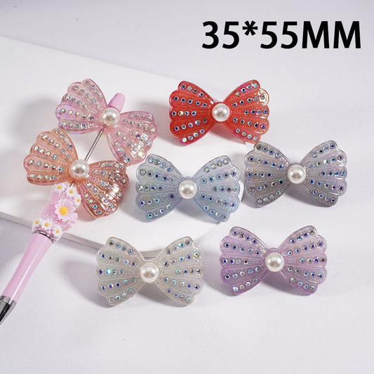 Acrylic Beads UV Coating Cute Bowtie with AB Rhinestones White Pearls 35*55MM, Random Mix