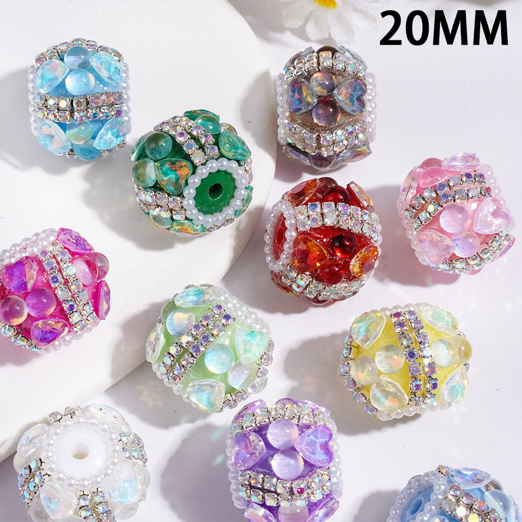 Hand-Made Acrylic Beads w UV Coated Half-Round Hearts, AB Rhinestone & White Pearl Chains 20MM Random Mix