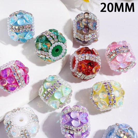 Hand-Made Acrylic Beads w UV Coated Half-Round Hearts, AB Rhinestone & White Pearl Chains 20MM Random Mix