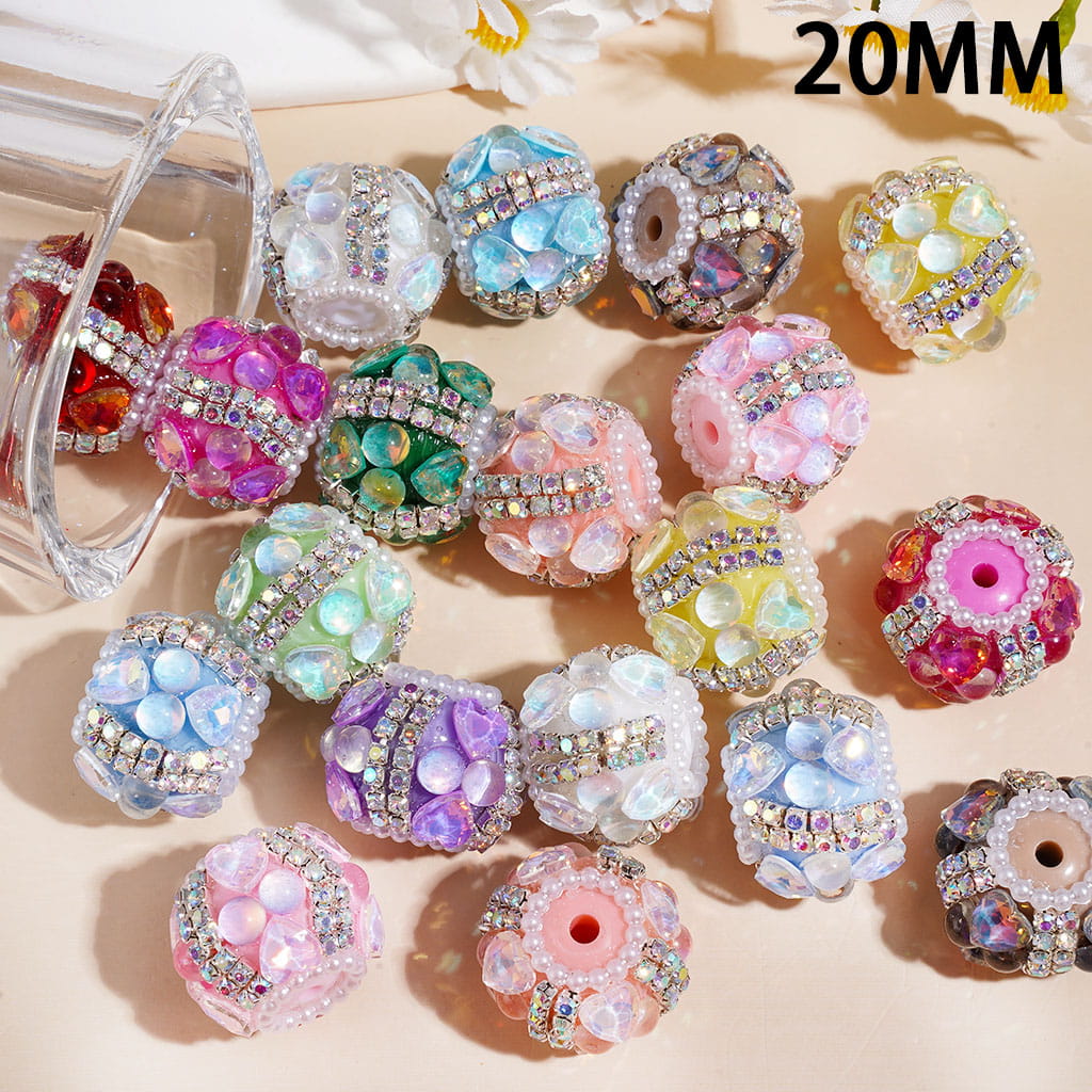 Hand-Made Acrylic Beads w UV Coated Half-Round Hearts, AB Rhinestone & White Pearl Chains 20MM Random Mix
