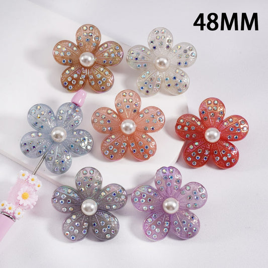 Acrylic Beads UV Coating Cute Five-Petaled Flowers with AB Rhinestones White Pearls 48MM, Random Mix