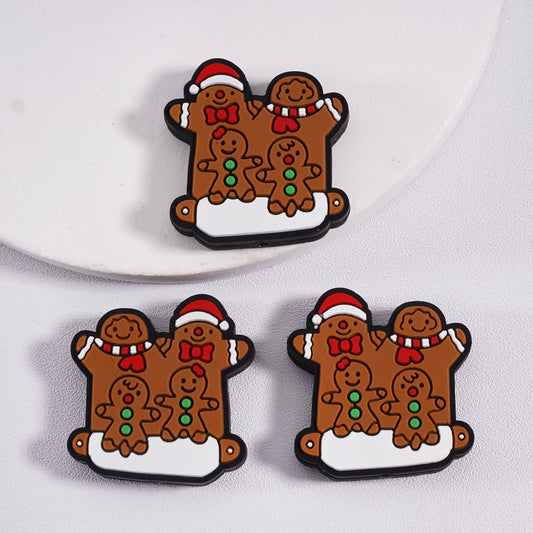Silicone Focal Beads  Cute Gingerbread with Red Christmas Hat Bowtie