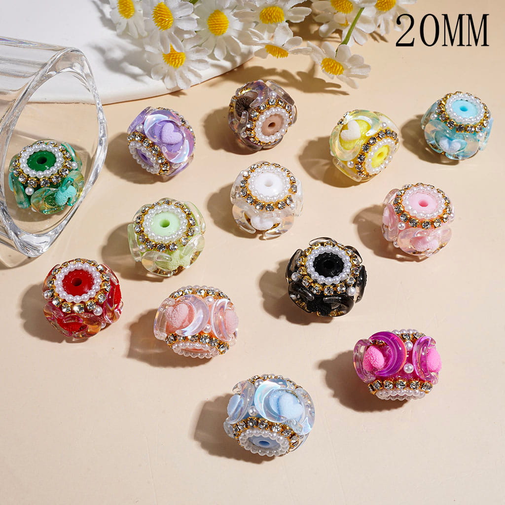 Hand-Made Acrylic Beads w Moons and Frosted Hearts, White Pearl & Clear Rhinestones Chains, 20MM, Multi-Color Random Mix