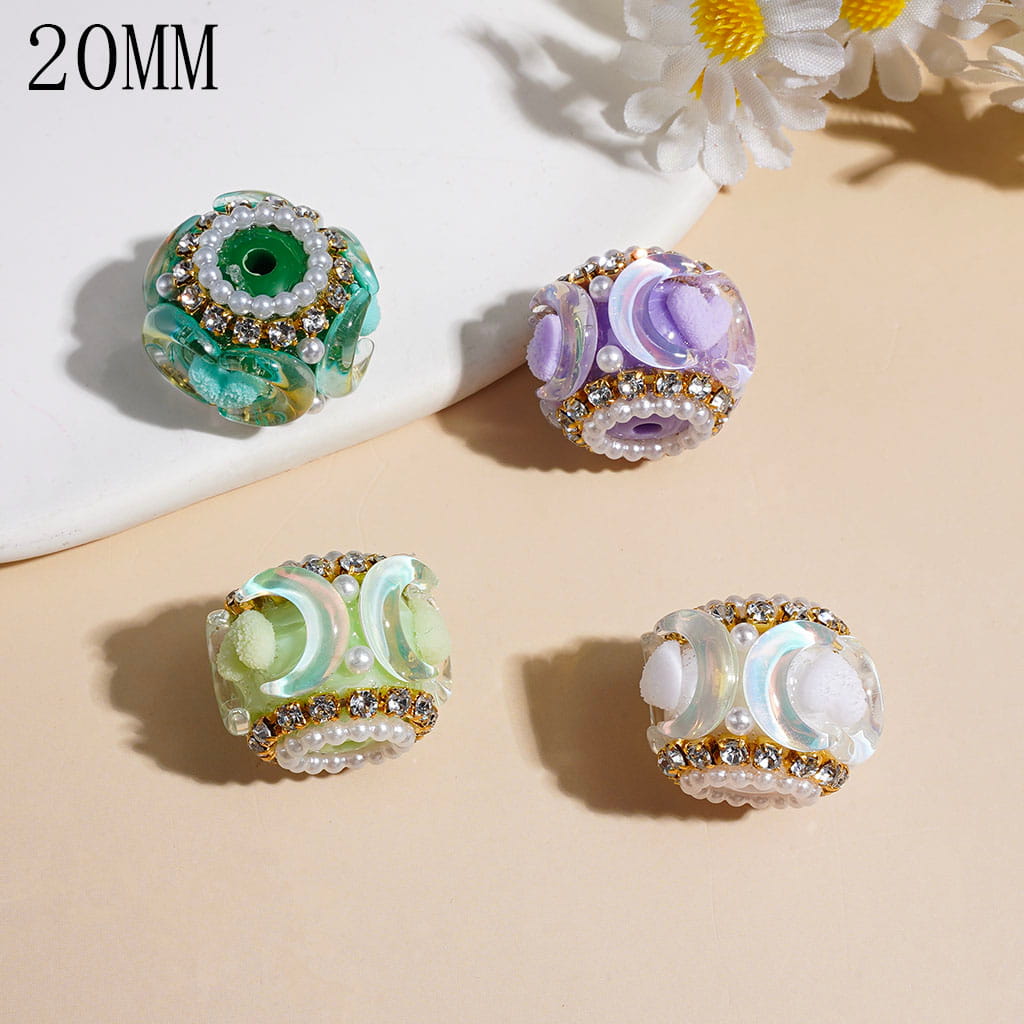 Hand-Made Acrylic Beads w Moons and Frosted Hearts, White Pearl & Clear Rhinestones Chains, 20MM, Multi-Color Random Mix