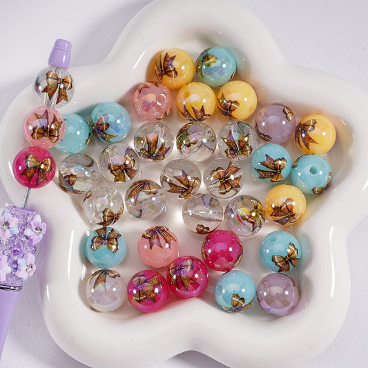 Acrylic Beads American Football  Bowknots Prints Jelly Color & Clear Color 16MM, Random Mix