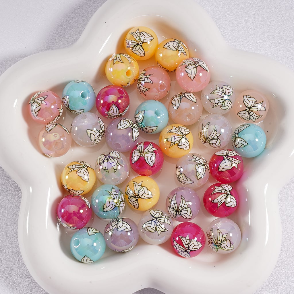Acrylic Beads Volleyball Bowknots Prints Jelly Color & Clear Color 16MM, Random Mix