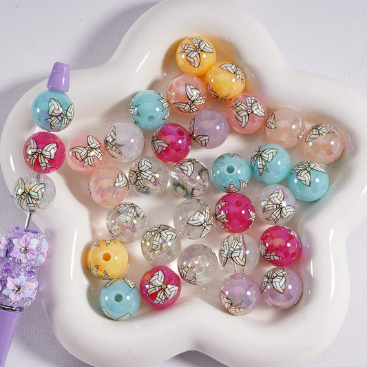 Acrylic Beads Volleyball Bowknots Prints Jelly Color & Clear Color 16MM, Random Mix