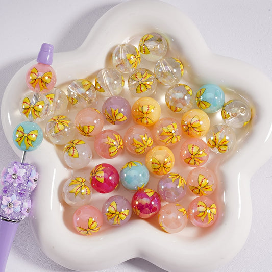 Acrylic Beads Softball Bowknots Prints Jelly Color & Clear Color 16MM, Random Mix