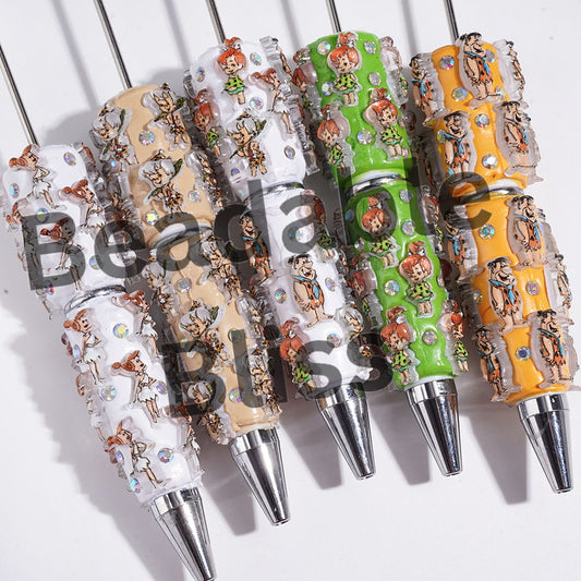 Beadable Clay Pens with Stone Age Funny Family and Neighbor, AB Rhinestones, Multi-Color