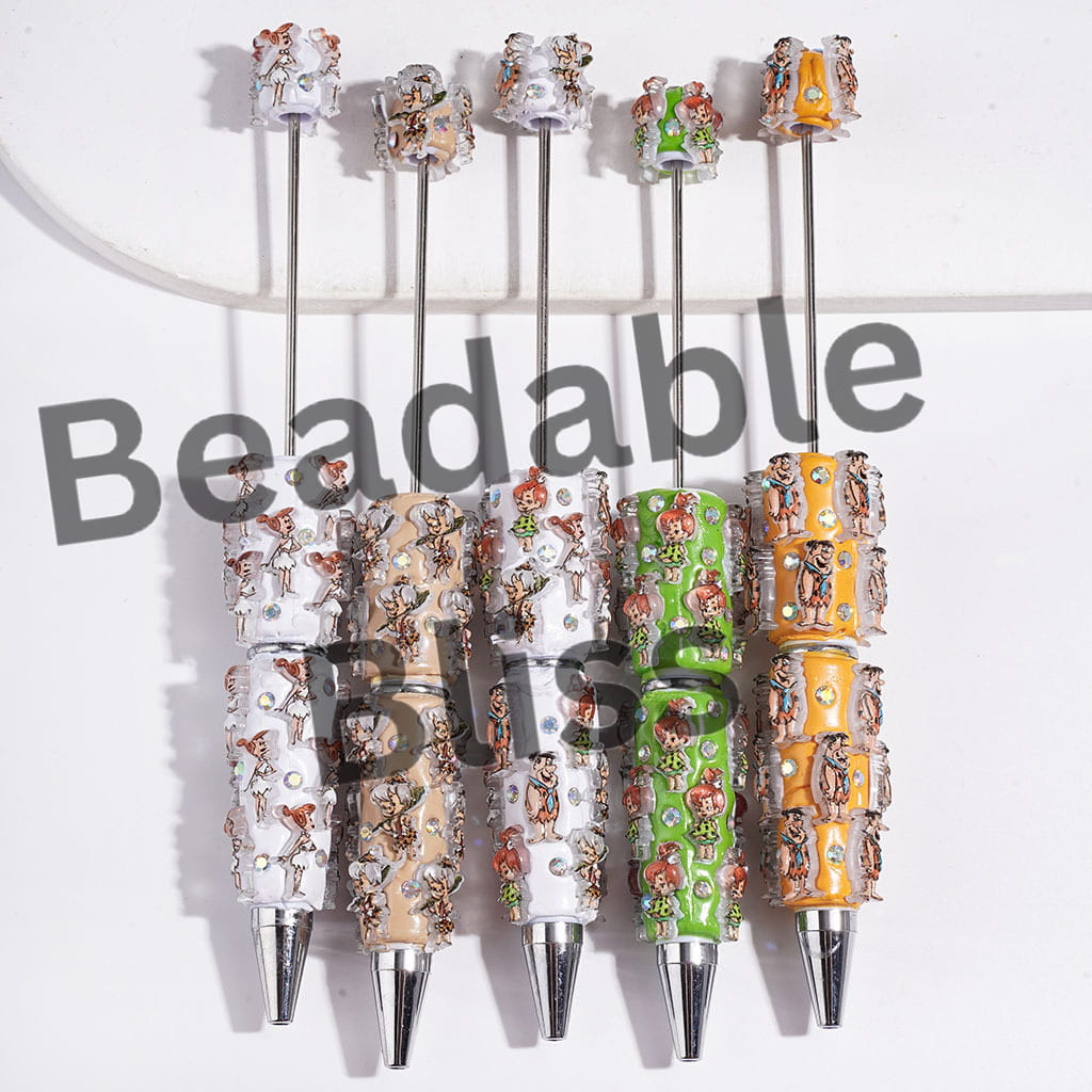 Beadable Clay Pens with Stone Age Funny Family and Neighbor, AB Rhinestones, Multi-Color